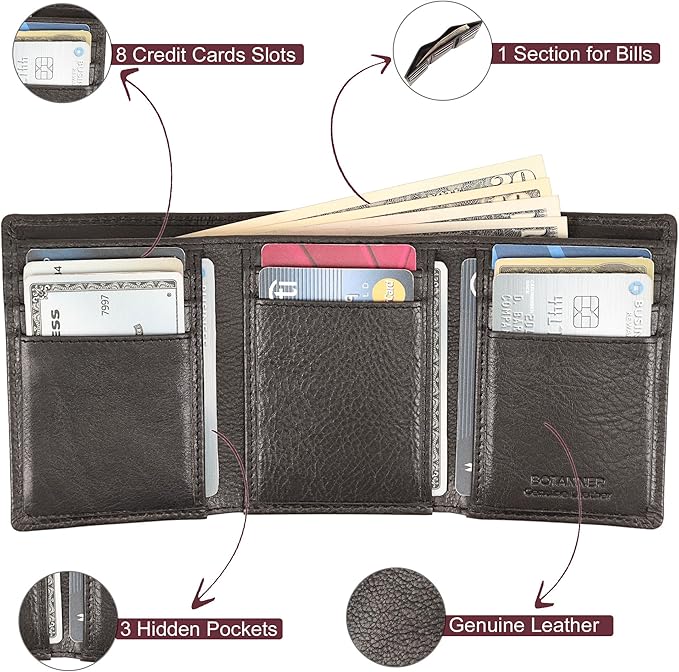 Genuine Leather Mens Trifold Wallet RFID Blocking 8 Credit Card Slots Section for Bills 3 Hidden Pockets | Black