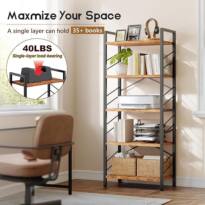 5 Tier Bookshelf, Industrial Tall Bookcase, Modern Display Shelves with Metal Frame and Sidebars for Bedroom, Living Room and Home Office, Rustic Brown