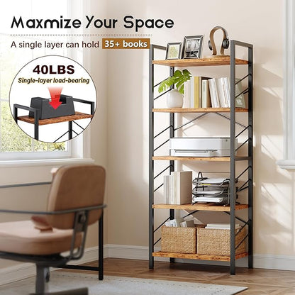 5 Tier Bookshelf, Industrial Tall Bookcase, Modern Display Shelves with Metal Frame and Sidebars for Bedroom, Living Room and Home Office, Rustic Brown
