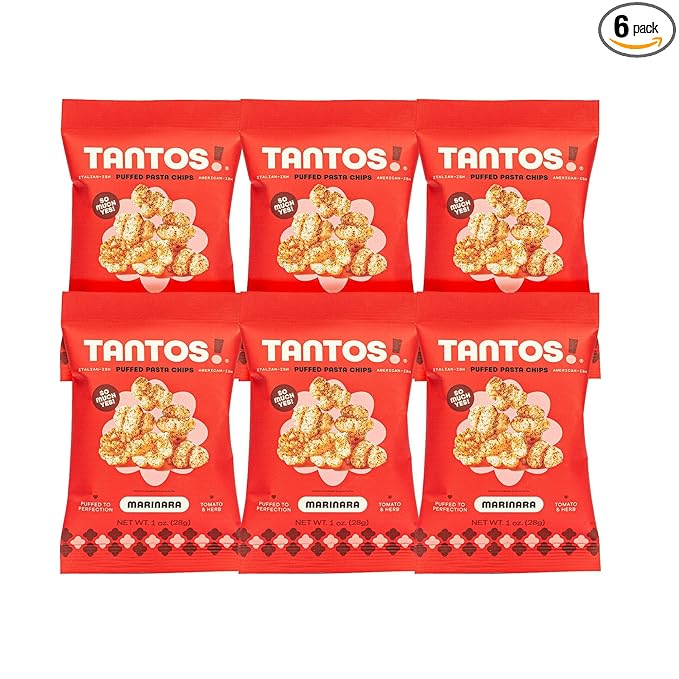 Tantos! Puffed Pasta Chips, Healthy Pasta Snack by Top Chef Joe Sasto, As Seen on Shark Tank, Plant Based, Low Calorie, Crunchy Chips, Variety Pack, Marinara, Pesto, Cacio e Pepe, Classico, Gourmet Bold Flavors, 1 oz 6 Pack of Marinara