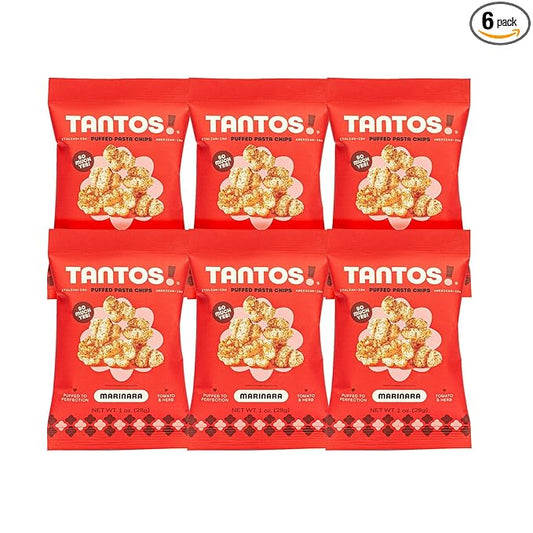 Tantos! Puffed Pasta Chips, Healthy Pasta Snack by Top Chef Joe Sasto, As Seen on Shark Tank, Plant Based, Low Calorie, Crunchy Chips, Variety Pack, Marinara, Pesto, Cacio e Pepe, Classico, Gourmet Bold Flavors, 1 oz 6 Pack of Marinara