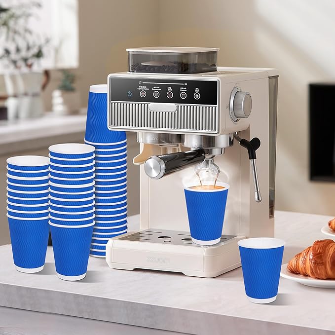 12 oz Disposable Paper Coffee Cups - 50 Pack, 12 oz Insulated Hot Cups With Corrugated Wall, Leak-Resistant Paper Cups for Home & Commercial Use (2 Color Pack - Blue, Black)