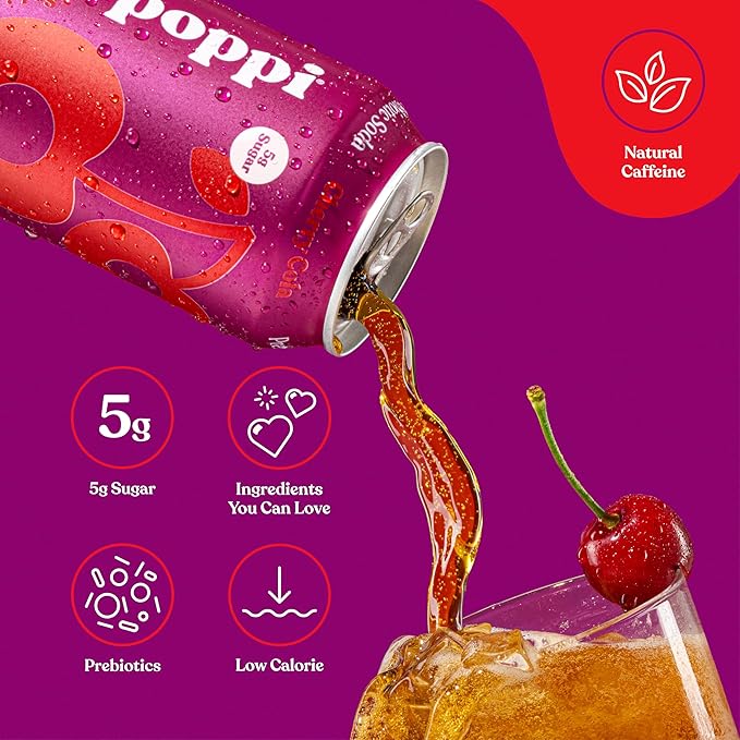 POPPI Sparkling Prebiotic Soda, Beverages w/Apple Cider Vinegar, Seltzer Water & Fruit Juice, Cherry Cola, 12 oz (12 Pack)