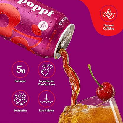 POPPI Sparkling Prebiotic Soda, Beverages w/Apple Cider Vinegar, Seltzer Water & Fruit Juice, Cherry Cola, 12 oz (12 Pack)