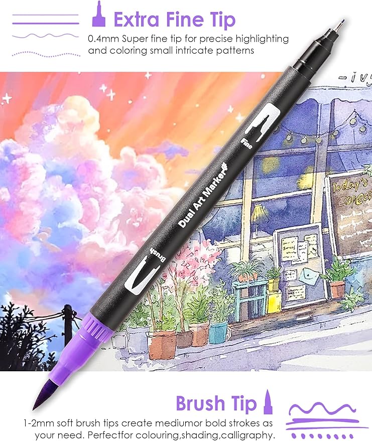 Art Markers Pens Dual Tip Markers Set with Fine & Brush Nib for Adult Coloring Book Christmas Gifts for Teens Calligraphy & Drawing Art Supplies Kit for Kids and Adults (72 Colors)