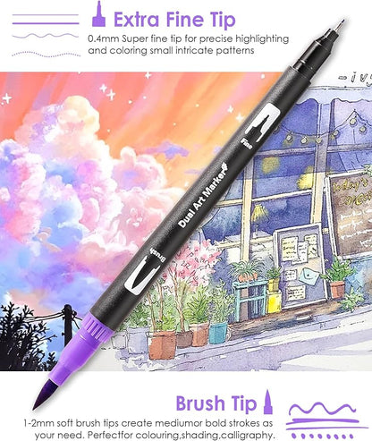 Art Markers Pens Dual Tip Markers Set with Fine & Brush Nib for Adult Coloring Book Christmas Gifts for Teens Calligraphy & Drawing Art Supplies Kit for Kids and Adults (72 Colors)