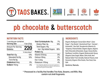 Taos Bakes - Peanut Butter Chocolate + Butterscotch - Snack Bars - 6g Protein, Gluten Free, Plant Based, & Vegan Granola Bars - Filled w/Flax Seeds, Chia Seeds, & Peanut Butter - 12 Pack, 1.8oz ea