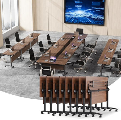 Conference Table, Foldable Conference Room Tables with Silent Wheels, Folding Modular Seminar Meeting Tables, Modern Rectangle Training Table for Office, Boardroom (8, Walnut, 47.2)