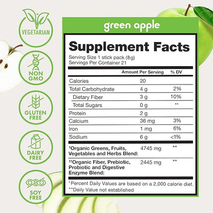 Zena Nutrition Organic Super Greens Powder Variety Pack, 70+ Superfoods, 0 Sugar, 3G Fiber, Spirulina, Chlorella, Antioxidants, Prebiotics/Probiotics, Digestive Enzymes, 21 Drink Mix Packets