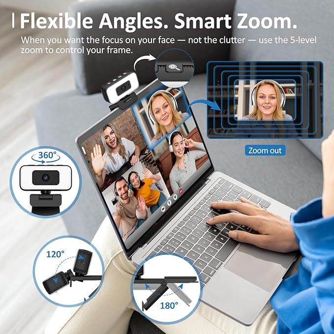 2K Webcam for PC/Laptop/Mac with Light, USB Computer Camera with Microphone for Desktop Monitor 【Focus in Shared or Home Space】 Auto Anti-Disturb Backlight, Zoom, Flip, Plug & Play