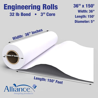 Alliance Wide Format Paper CAD Bond Rolls (32lb | 2 Rolls, 36 In x 150 Ft | 3" Core)