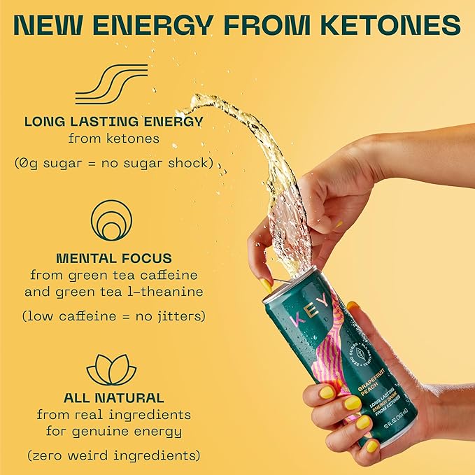 KEY Ketone Energy Drink - Sugar Free, 80mg Low Caffeine, All Natural, 11.5g Ketones, Long Lasting Energy, Green Tea & L-Theanine for Mental Focus, Grapefruit Peach (Pack of 12)