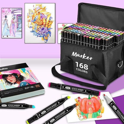 168 Colors Alcohol Markers, Permanent Dual Tip Art Markers with Fine Tip & Chisel Tips for Coloring, Illustrations, Drawing, Sketching Perfect for Adults with Carrying Case