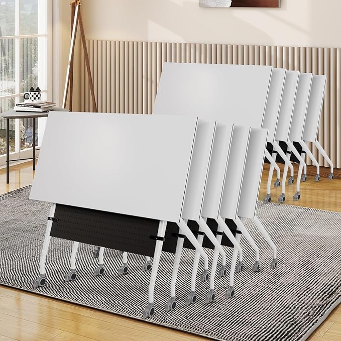Conference Room Table, 55 Inch Folding Conference Tables with Wheels, Modern Office Meeting Table, Easy Flip & Nest Design, Rectangular Seminar Tables with Metal Frame for 2-24 People(H 10PCS)