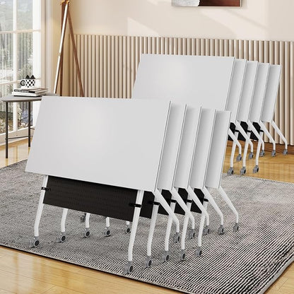 Conference Room Table, 55 Inch Folding Conference Tables with Wheels, Modern Office Meeting Table, Easy Flip & Nest Design, Rectangular Seminar Tables with Metal Frame for 2-24 People(H 10PCS)