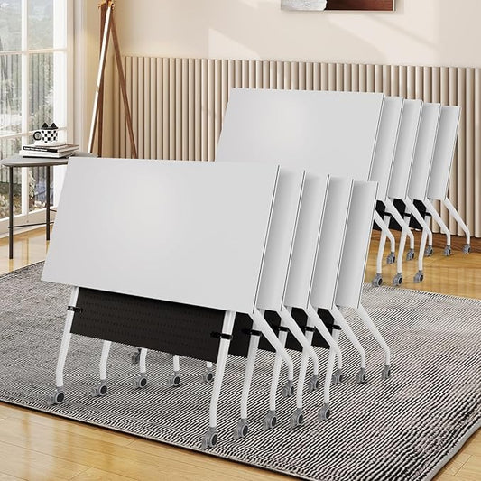 Conference Room Table, 55 Inch Folding Conference Tables with Wheels, Modern Office Meeting Table, Easy Flip & Nest Design, Rectangular Seminar Tables with Metal Frame for 2-24 People(H 10PCS)