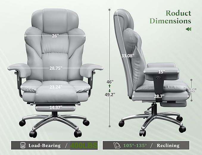 Ergonomic Office Chair with Foot Rest and Arms,Big and Tall Leather Executive Office Chair with Wide&Deep Seat Thickened,Reclining Comfy Desk Chair with High Back and Lumbar Support,Grey