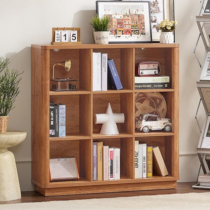 9 Cube Storage Book Shelf, 40" Tall Organizer Bookshelf with Curved Edge, Wood Floor Standing 3-Tier Cubby Bookcase with Base, Country Rustic Display Book Case for Library, Office, Orange Oak