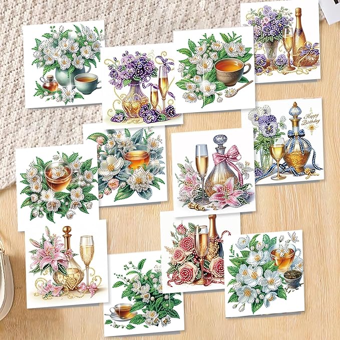 jinglinhh 12pcs Diamond Art Painting Flower Drink Greeting Cards with Envelopes, DIY Card Making Kits for Adults, Diamond Art Postcards Christmas Cards Craft Gifts