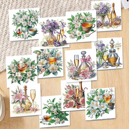 jinglinhh 12pcs Diamond Art Painting Flower Drink Greeting Cards with Envelopes, DIY Card Making Kits for Adults, Diamond Art Postcards Christmas Cards Craft Gifts