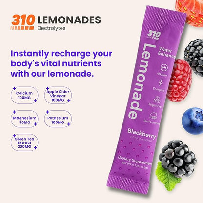 310 Nutrition Electrolyte Lemonade Powder No Sugar – BlackBerry Lemonade Water Flavoring Packets – Hydration & Energy Drink Mix – Zero Sugar, Low Calorie Water Enhancer – 30 Singles – Made in The USA