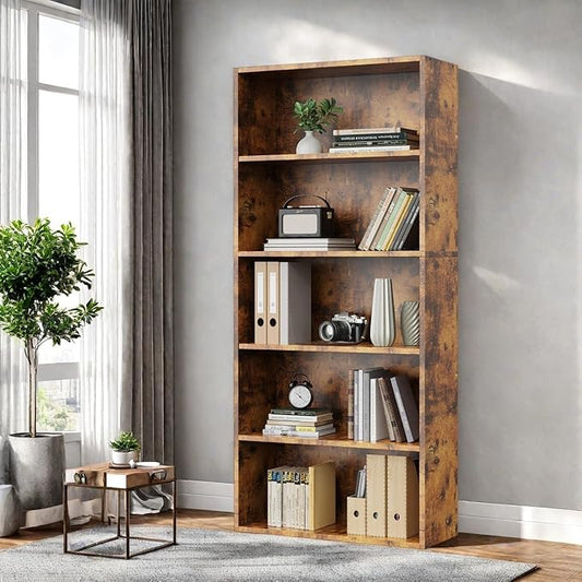 Bookshelf, 5 Tiers Wood Bookcase, 63 Inch Floor Standing Bookshelves, Open Storage Shelves for Books/Kits/Toys/CDs, Vintage Tall Shelf with Freestanding for Home Office Bedroom