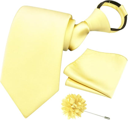 Branduce 3.15"（8cm） Pre-tied Adjustable Zipper Tie and Lapel Pin Solid Necktie Handkerchief Set for Men