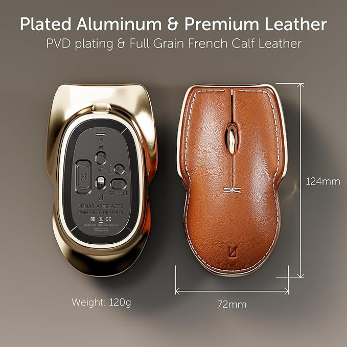 LUNAR ARTEFACTS Ambidextrous Rechargeable Bluetooth Wireless Computer Mouse Black French Leather and Gold Tone Plated Aluminum, Qi Enabled USB-C