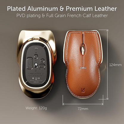 LUNAR ARTEFACTS Ambidextrous Rechargeable Bluetooth Wireless Computer Mouse Black French Leather and Gold Tone Plated Aluminum, Qi Enabled USB-C