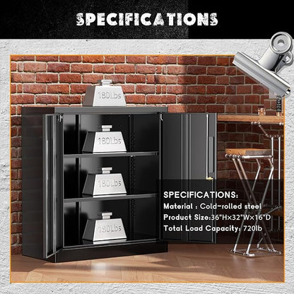 Greenvelly Metal Garage Storage Cabinet,36" Black Lockable Metal Cabinets with 2 Doors and Shelves,Storage Locking Counter Cabinet for Home Office,Garage,Kitchen,School