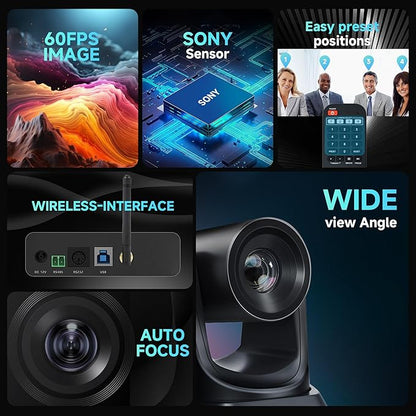 TONGVEO Wireless Conference Room Webcam, Church Live Streaming 10X USB 1080P 60fps PTZ Camera for Worship Services Online Conference, Works with Zoom, Skype OBS