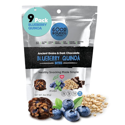 Good Source Snacks Dark Chocolate Bites & Ancient Grains, Blueberry Quinoa Chocolate Crisps, 9 Pack, 3 oz, Vegan, Gluten Free, Non GMO, Kosher Protein Bites