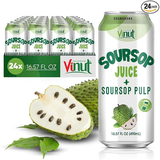 Vinut 100% Soursop Juice With Pulp (16.57 fl oz, Pack 24), No Sugar Added, Real Guanabana Soursop Graviola Drink, Fresh, Natural, Not from Concentrate (NFC)