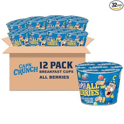 Cap'n Crunch Breakfast Cereal, Oops All berries, 1.12 Oz Individual Cups (12 Pack)