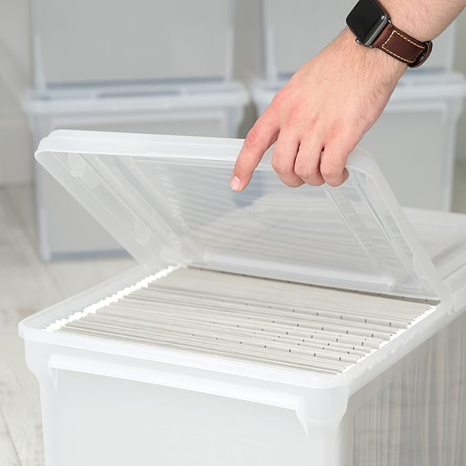 IRIS USA File Box File Organizer w/Hinged Split Latching Lid for Letter/Legal File, Water Resistant Document Box, BPA-Free, Plastic Storage Bin Tote Organizer, Stackable, Nestable, Clear 44 Qt. 5Pack