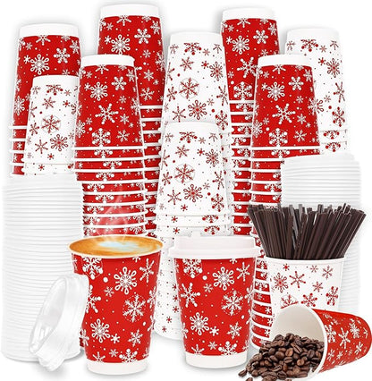 100 Count Snowflake Paper Cups 12 oz Christmas Paper Cups Disposable Red Snowflake Coffee Cups with Leak Proof Lids and and Stirrers Extra Thick Insulated Beverage Cups for Hot & Cold Liquids