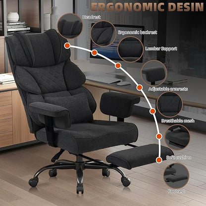 Vonesse Big and Tall Office Chair, Computer Chair with Soft Adjustable Armrests, Ergonomic Gaming Chair with Breathable Linen Design, Executive Chairs with Footrest (Linen Fabric,Black)