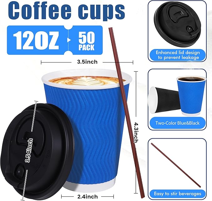 Coffee Cups, 50-Pack of 12 oz Disposable Paper Cups with Lids, Stirring Straws, Corrugated Insulated Ripple Wall for Hot & Cold Drinks（Blue）