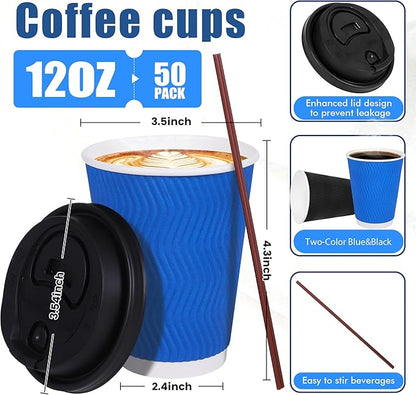 Coffee Cups, 50-Pack of 12 oz Disposable Paper Cups with Lids, Stirring Straws, Corrugated Insulated Ripple Wall for Hot & Cold Drinks（Blue）