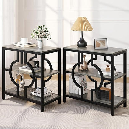 End Table Set of 2, Narrow Side Table with 3-Tier Storage Shelves, Wood Sofa Side Table with Geometric Metal Frame for Living Room, Industrial Bedside Nightstand for Bedroom (Gray)