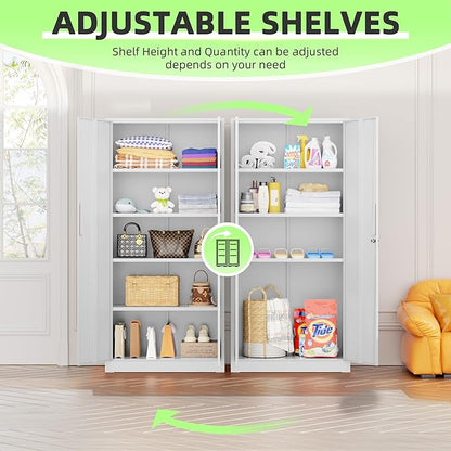 SUNCROWN 72" Metal Storage Cabinet - Heavy-Duty Metal Garage Cabinet with 4 Adjustable Shelves & 2 Doors for Tools, Office, Home, Workshop,White-Small