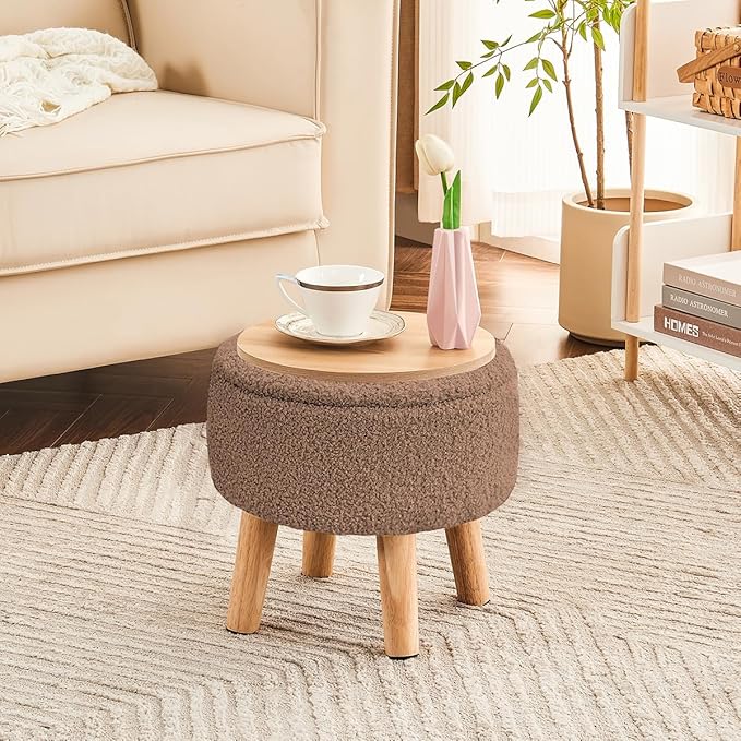 Poofzy Small Ottoman with Storage, Small Foot Stool Ottoman with Wood Legs, Sherpa Foot Rest for Couch, Living Room and Bedroom - Brown