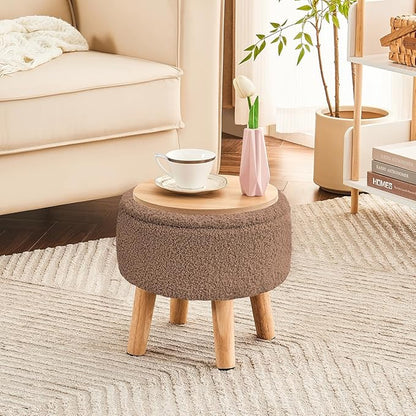 Poofzy Small Ottoman with Storage, Small Foot Stool Ottoman with Wood Legs, Sherpa Foot Rest for Couch, Living Room and Bedroom - Brown