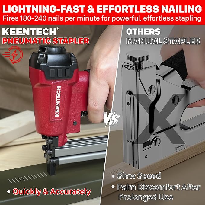 KEENTECH Pneumatic Staple Gun 22 Gauge, Air Upholstery Stapler with 3765pcs 3/8" Crown Staples 1/4"-5/8", Ready-to-Use Air Staple Gun with Staples, Safety Trigger, for Wood Furniture Fabric Leather