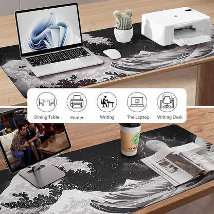 Black Wave of Kanagawa Patterns Desk Mat, Large Gaming Mouse Pad Non-Slip Rubber Base with Stitched Edges, Waterproof Protection for PC Laptop Home Office Desk Decor (31.5x11.8in)