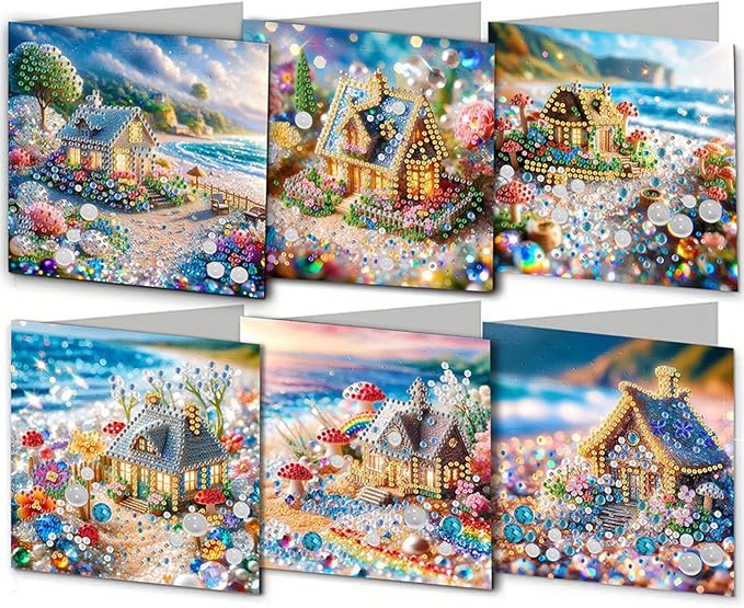 12pcs Diamond Art Painting Postcards with Envelope, House Pattern Daily DIY Handmade Greeting Cards Wishing Cards for Special Occasion Festival Craft Gift