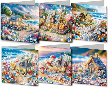 6pcs DIY Small House Diamond Art Painting Greeting Cards Kit, Rhinestone Art Holiday Birthday Card Set with Envelopes, DIY Festival Craft for Girlfriend, Christmas Valentine Gift Making Supplies