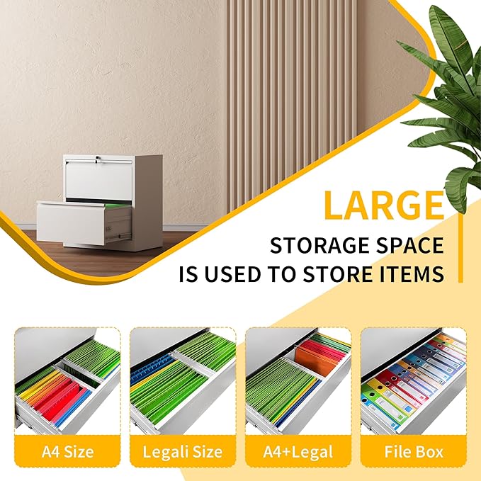File Cabinet with Lock, 2 Drawer Lateral Filing Cabinets for Home Office, Metal Heavy Duty Steel Storage Cabinets for Hanging Letter/Legal/F4/A4 Size, Assembly Required White