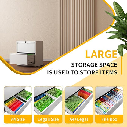 File Cabinet with Lock, 2 Drawer Lateral Filing Cabinets for Home Office, Metal Heavy Duty Steel Storage Cabinets for Hanging Letter/Legal/F4/A4 Size, Assembly Required White