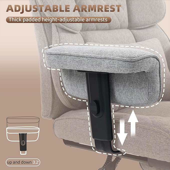 Vonesse Big and Tall Office Chair, Computer Chair with Soft Adjustable Armrests, Ergonomic Gaming Chair with Breathable Linen Design, Executive Chairs with Footrest (Linen Fabric,Light Gray)